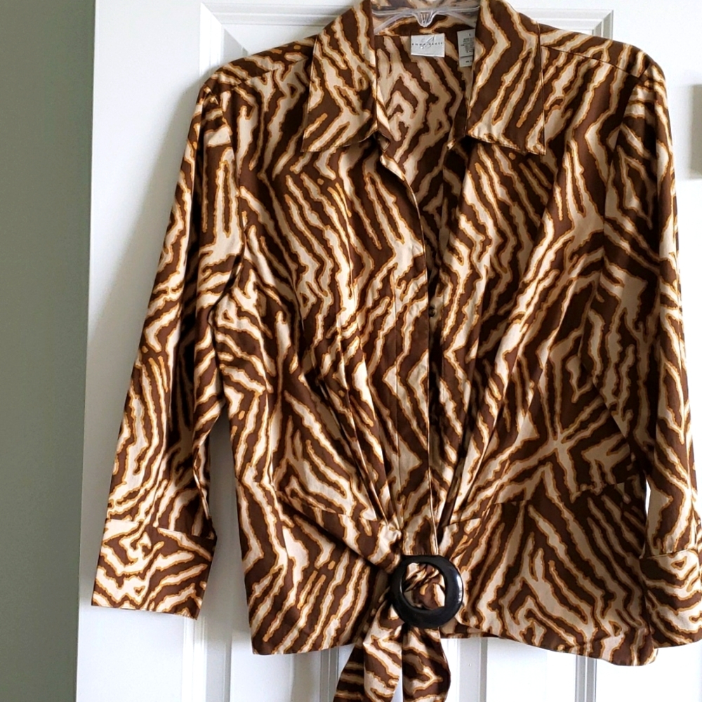Ladies Blouse by Emma James, Size L, Brown/Beige animal print